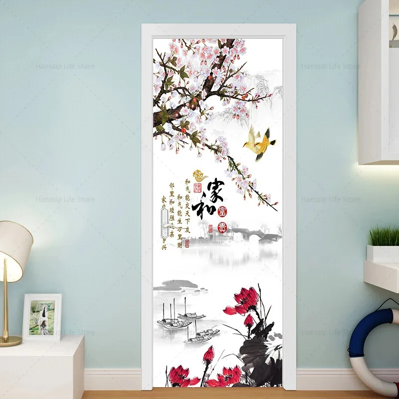 

Chinese Style Oriental Door Sticker Self Adhesive Ink Painting Full Door Wrap 3D Wallpaper Customize Home Decoration Door Poster