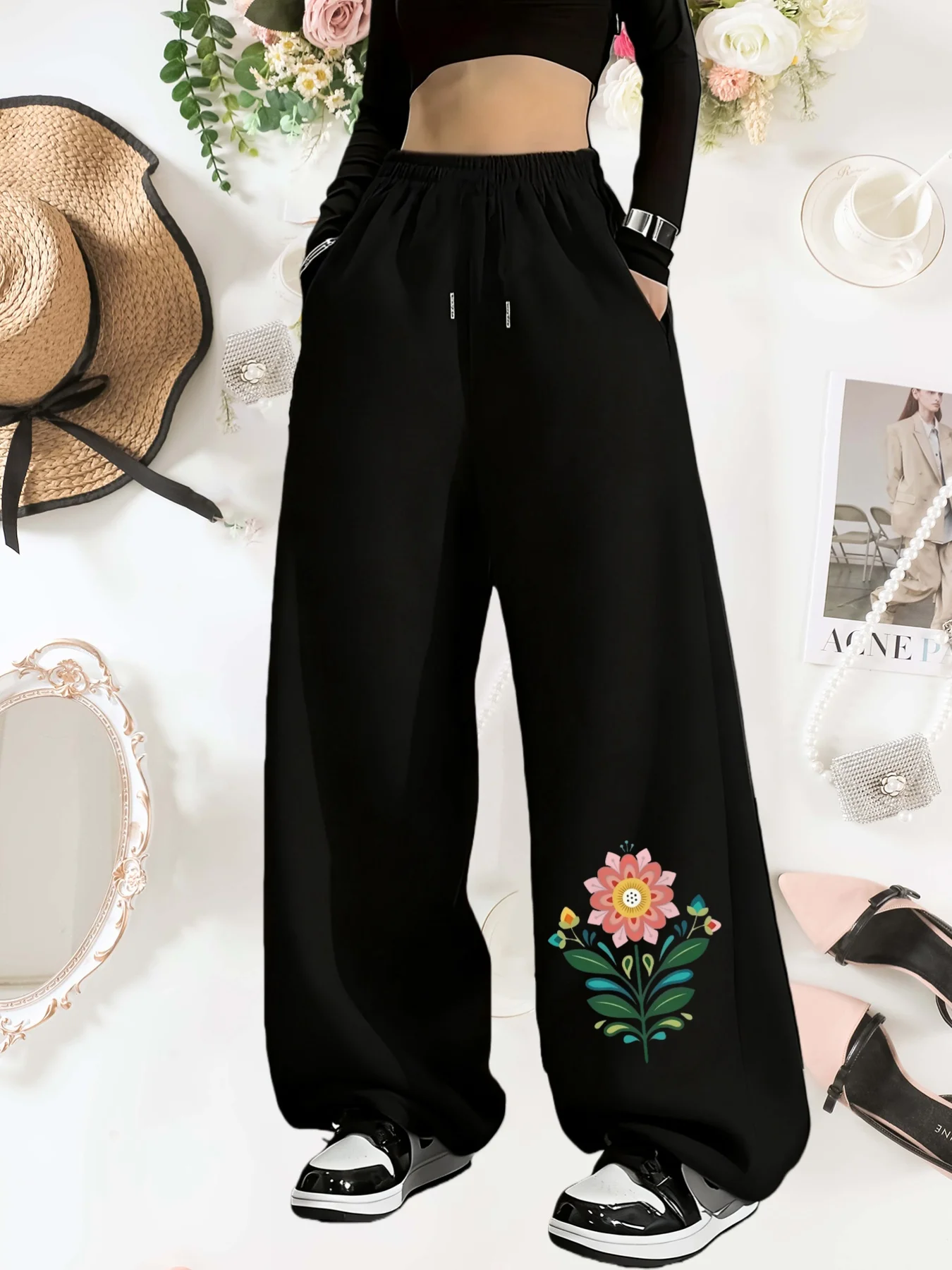 

Женские осенние и зимние свободные прямые флисовые спортивные штаны больших размеров с цветочным принтом, уличная одежда с эластичным поясом, универсальная