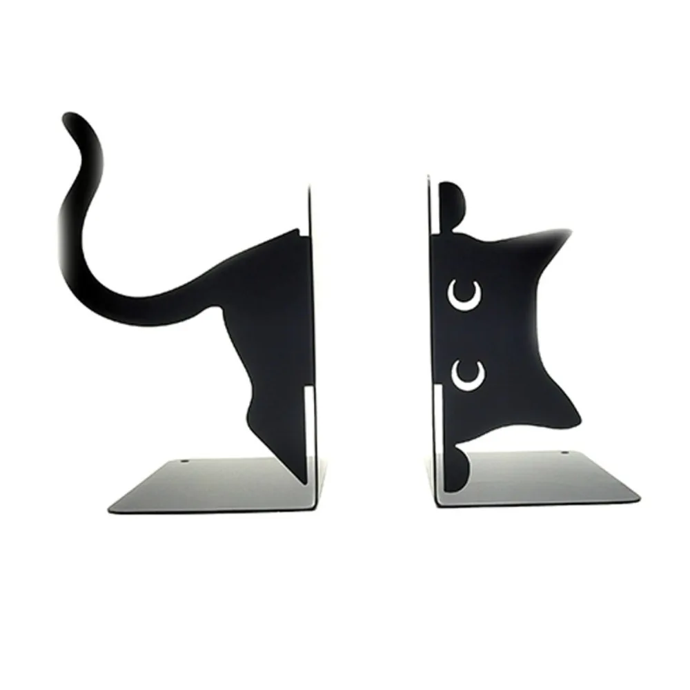 

Creative Whimsical Cat Design Metal Bookends Cartoon Rounded Edges Book Holders Black Decorative Cat Bookends Library