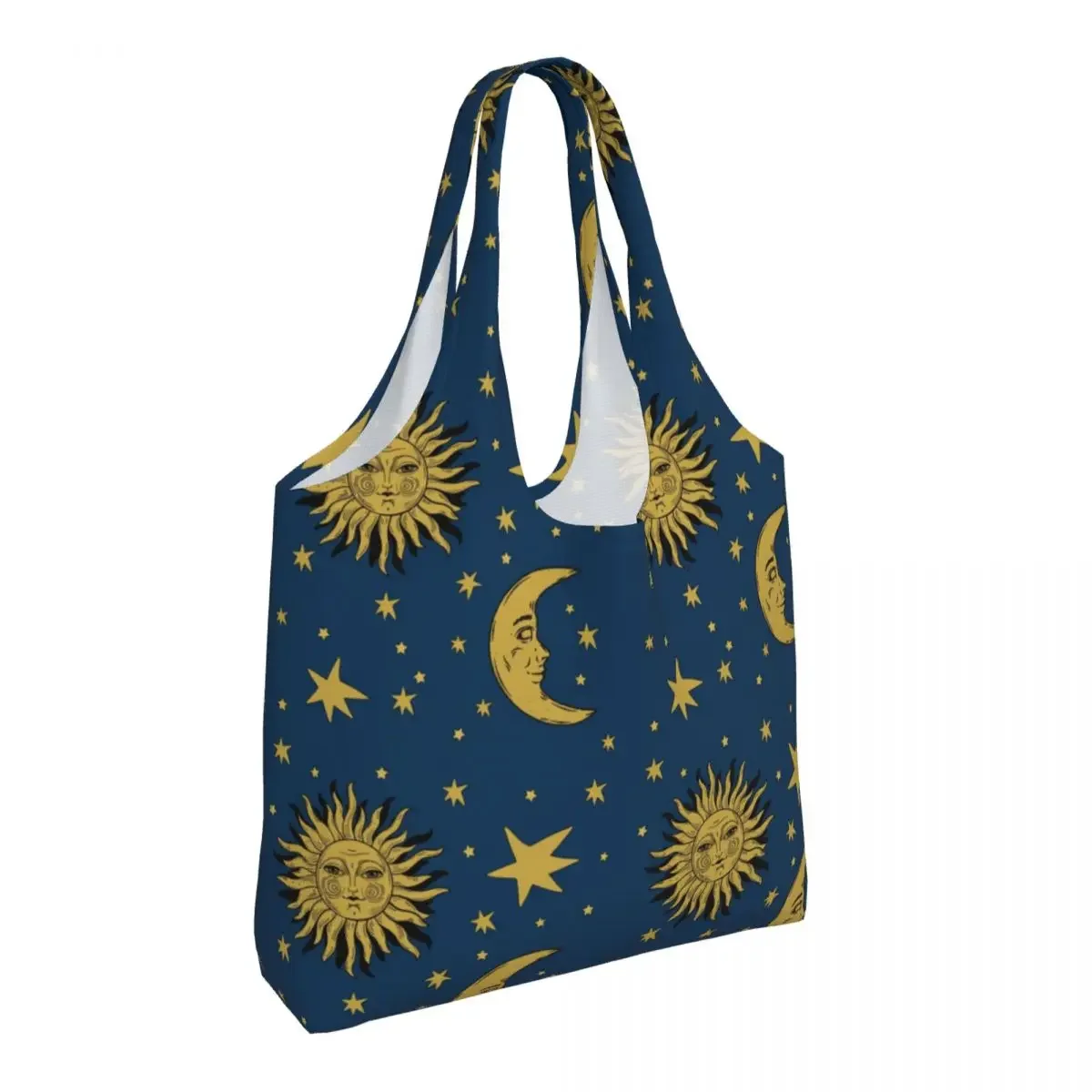 Custom 90s Whimsi Goth Celestial Sun And Moon Pattern Shopping Bag Women Canvas Shoulder Tote Bag Portable Grocery Shopper Bags