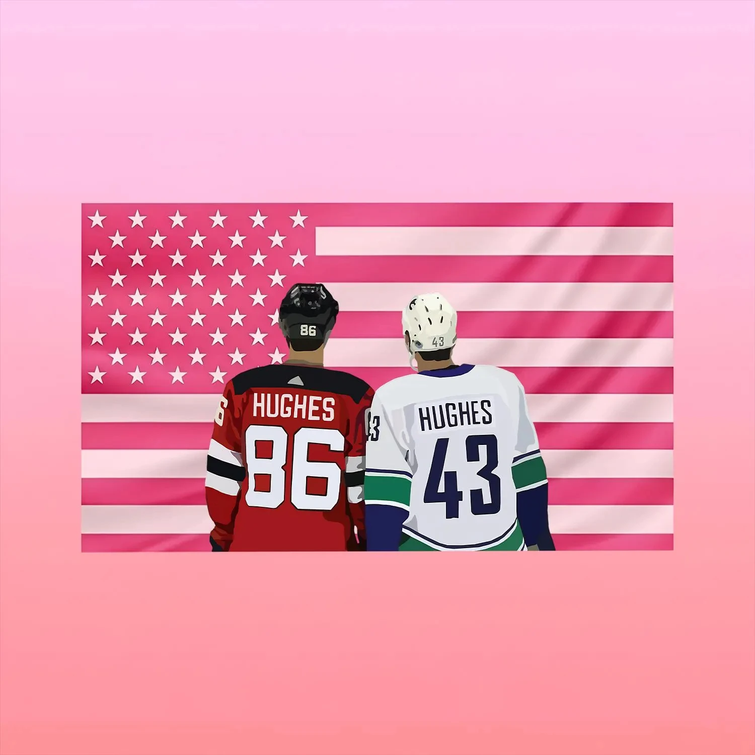 Jack & Quinn Hughes Pink USA Flag Tapestry, Hockey Brothers Wall Hanging, NHL Fan Gift, Flat Print