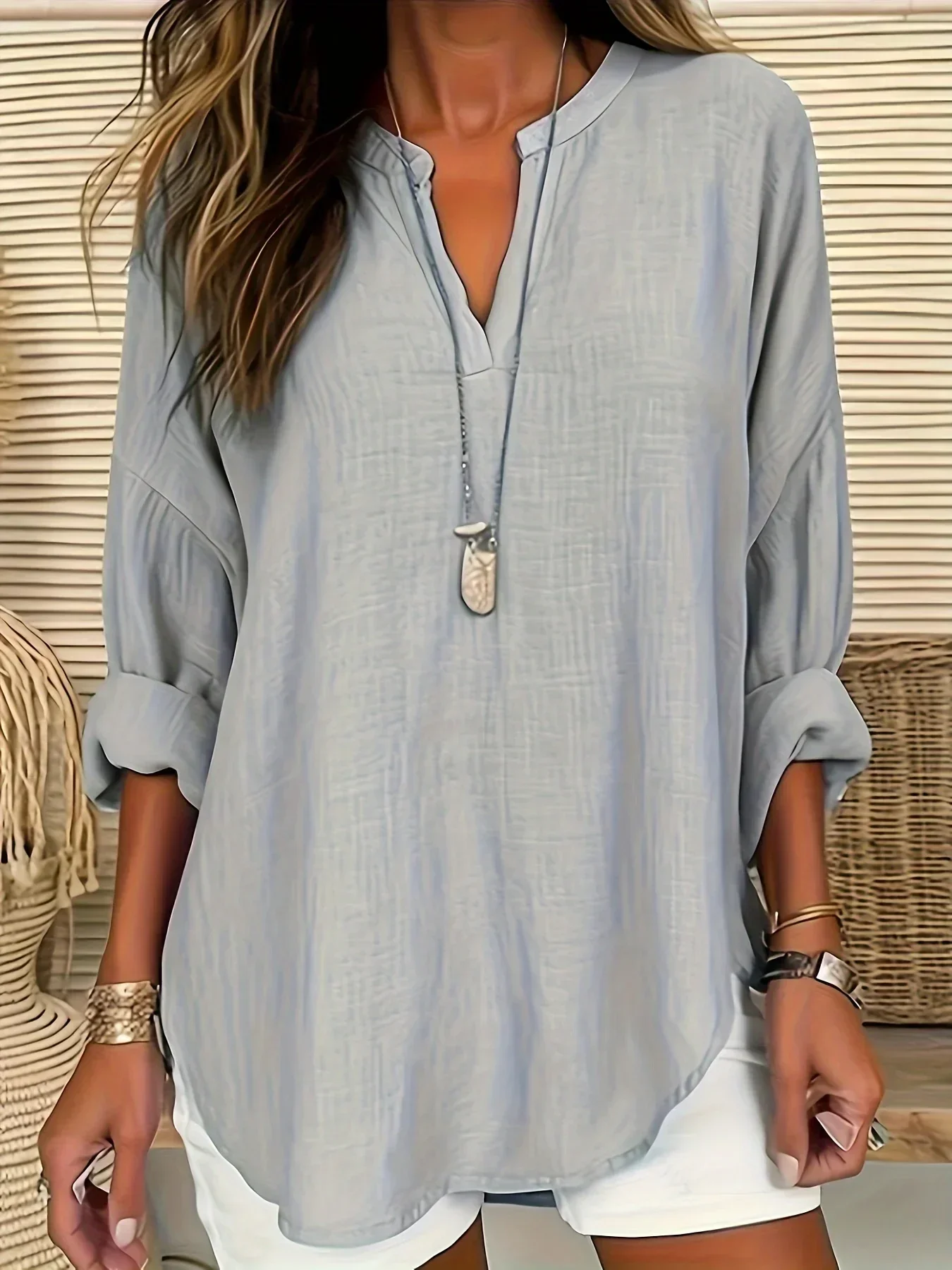 

Plus Size 1XL-5XL Women's CasualLadies Fashion Solid Blouse Solid Color Loose Tops V-neck Blouse Long Sleeve Shirt