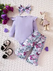 0-1 year old newborn baby girl spring and autumn style pit striped cotton long sleeved jumpsuit+butterfly printed pants set