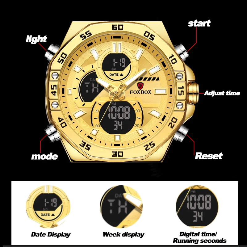 FOXBOX Brand Men Watch Luxury LED Digital Sport Military Wristwatches Dual Display Alarm Chronograph Clock Relogio Masculino