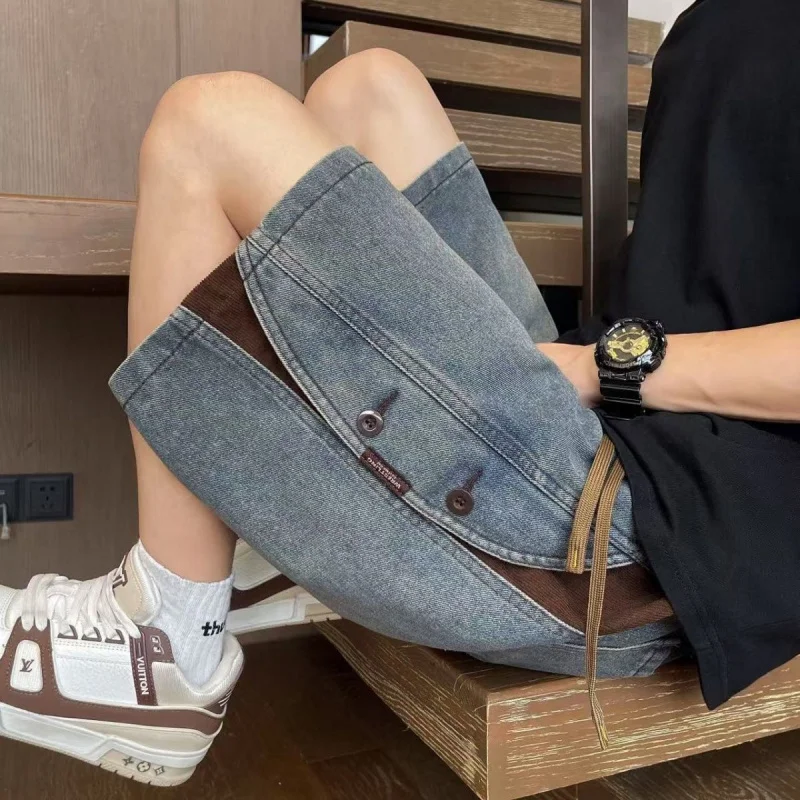 

2025Летние винтажные шорты в американском стиле, мужские потертые прямые шорты с пятью точками, повседневные шорты средней длины