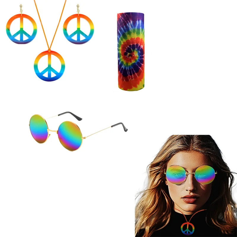 

PESENAR Hippie Costume Set Glasses Headband Peace Sign Earrings Necklaces Tie Dye Bandana Hippie Accessory for 60s 70s