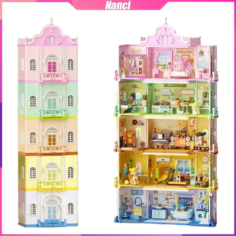 Nanci Building Blocks ซ้อนเล่นบ้านตุ๊กตาปราสาทเดสก์ท็อปตกแต่งปริศนาประกอบของเล่นของขวัญวันเกิดสําหรับหญิง