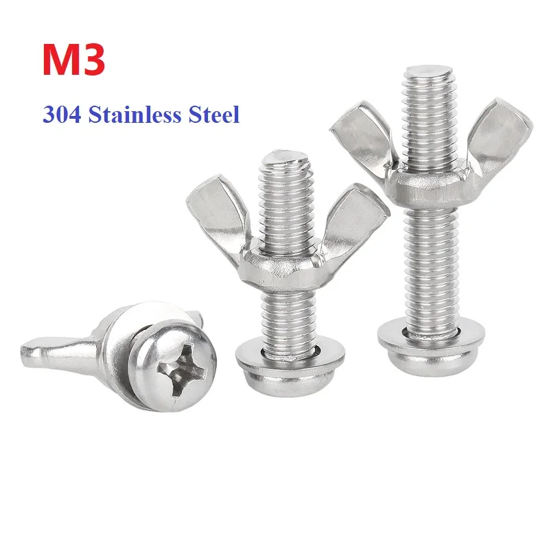 M3 304 Stainless Steel Cross  Round Head With Butterfly Nut Washer Screw Combination Set
