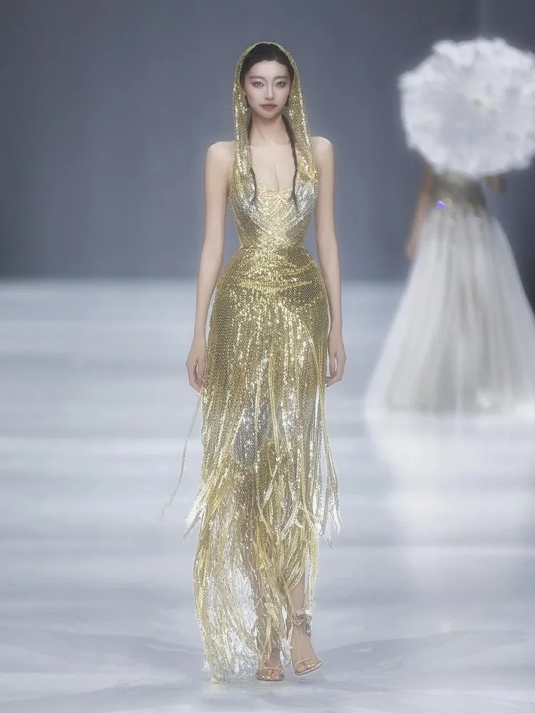 

Fringed light luxury niche haute couture heavy industry banquet birthday catwalk dress