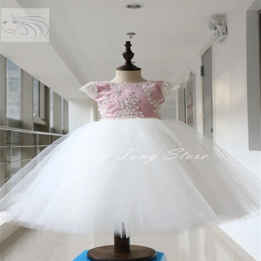 Flower Girl Dress  Lovely Pearls Beaded Ball Gown Baby Girl Party Dresses Kids First Communion Gowns Formal Prom Dresse