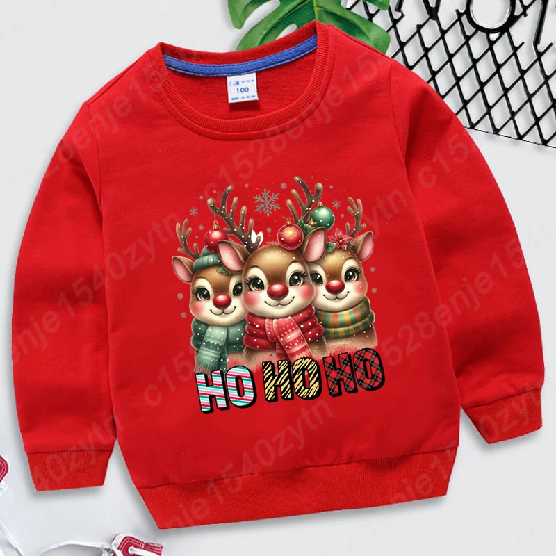 

Autumn Winter Children Tops Christmas Reindeer Ho Print O Neck Hoodless Pullover Kids Girls Boys Sweatshirt Solid Color Pullover