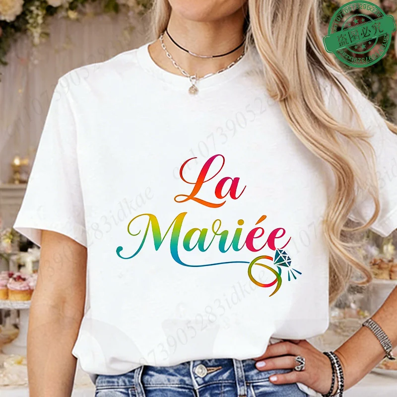 French Future Bride Team Rainbow Diamond Graphic T-Shirts Short Sleeve Tees for Girls Bachelorette EVJF Party Bridal Squad Tops