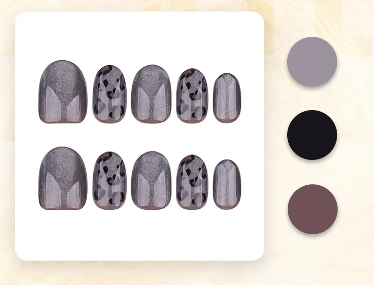 24 قطعة رمادي داكن ليوبارد طباعة عيون القط اضغط على مسمار قصيرة القطع الناقص الاصطناعي الأظافر وهمية سلس للإزالة أظافر صناعية