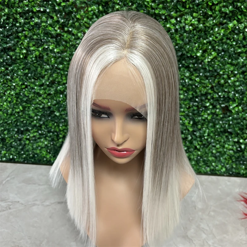 Wig pendek abu pirang berwarna-warni halus lurus Wig renda Frontal Wig untuk wanita 13x4 sintetis alami Futura serat rambut tanpa lem