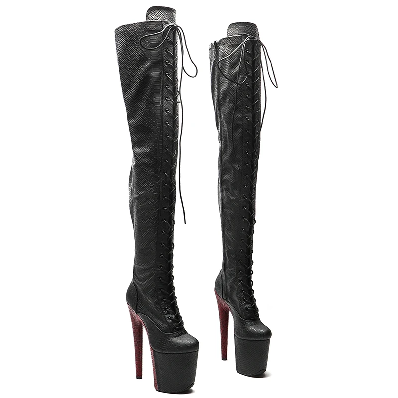 Leecabe 20CM/8inches Matte PU Snake Upper Two Color Mix Color High Heel Platform Boots Closed Toe Pole Dance Boots