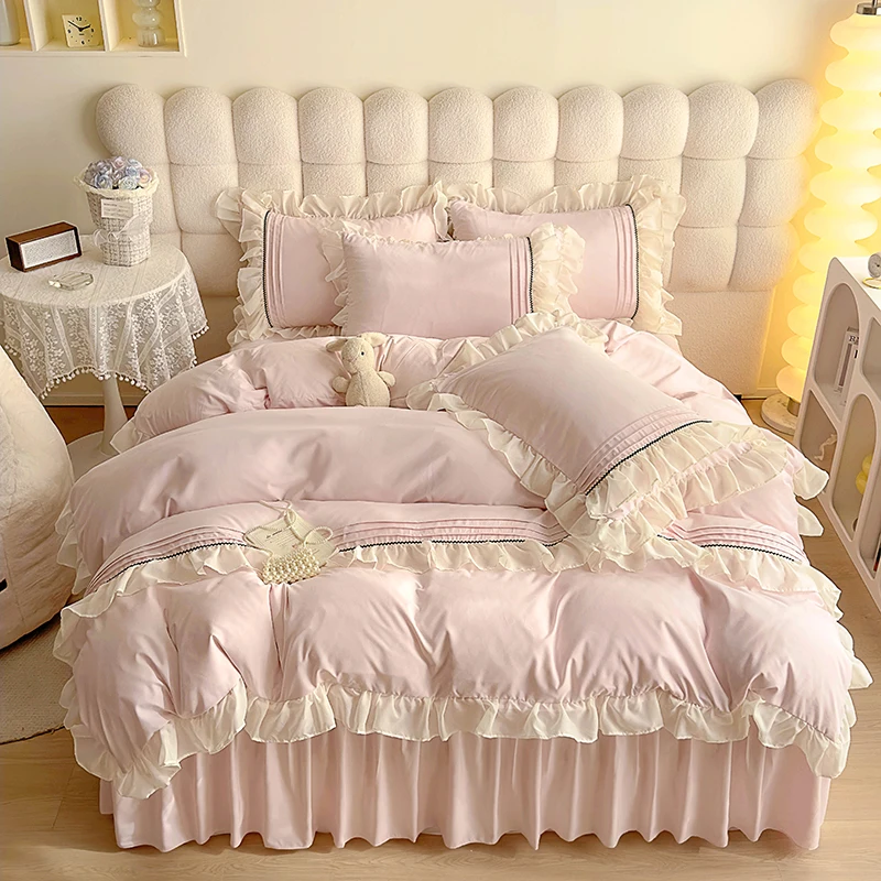 

Princess Bedding Sets Korean Single 2026 New Ruffle Lace Quilt Cover 4pcs Pink White Queen Duvet Cover for Woman Girls Bedroom
