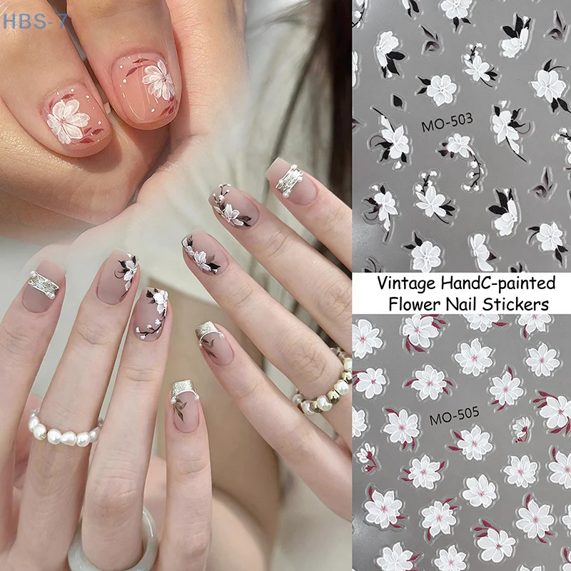 บรรเทา 3D มือวาดดอกไม้ขนาดเล็ก Retro ฤดูใบไม้ผลิดอกไม้เล็บสติกเกอร์ Charm Slider เล็บสติ๊กเกอร์ตกแต่งเคล็ดลับ