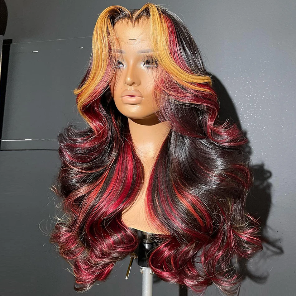 

Black Red Blonde Highlight Wig Human Hair Body Wave 5x5 Glueless Wig Brazilian Ombre Burgundy Colored Lace Closure Wig For Women