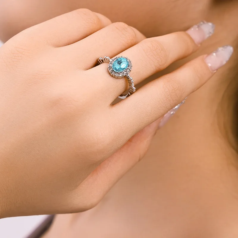 Yun Jin cross-border Hot Selling Inset With Diamond ultra-flash Light Luxury Blue Ring Small high-grade Sense Ring Female