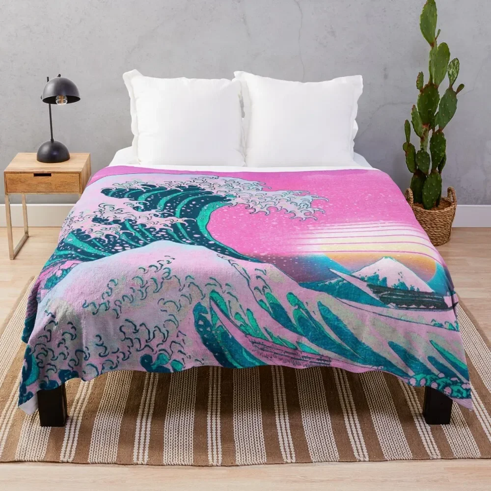 Vaporwave Aesthetic Great Wave Off Kanagawa Retro Sunset Throw Blanket halloween Personalized Gift Furry Soft Blankets