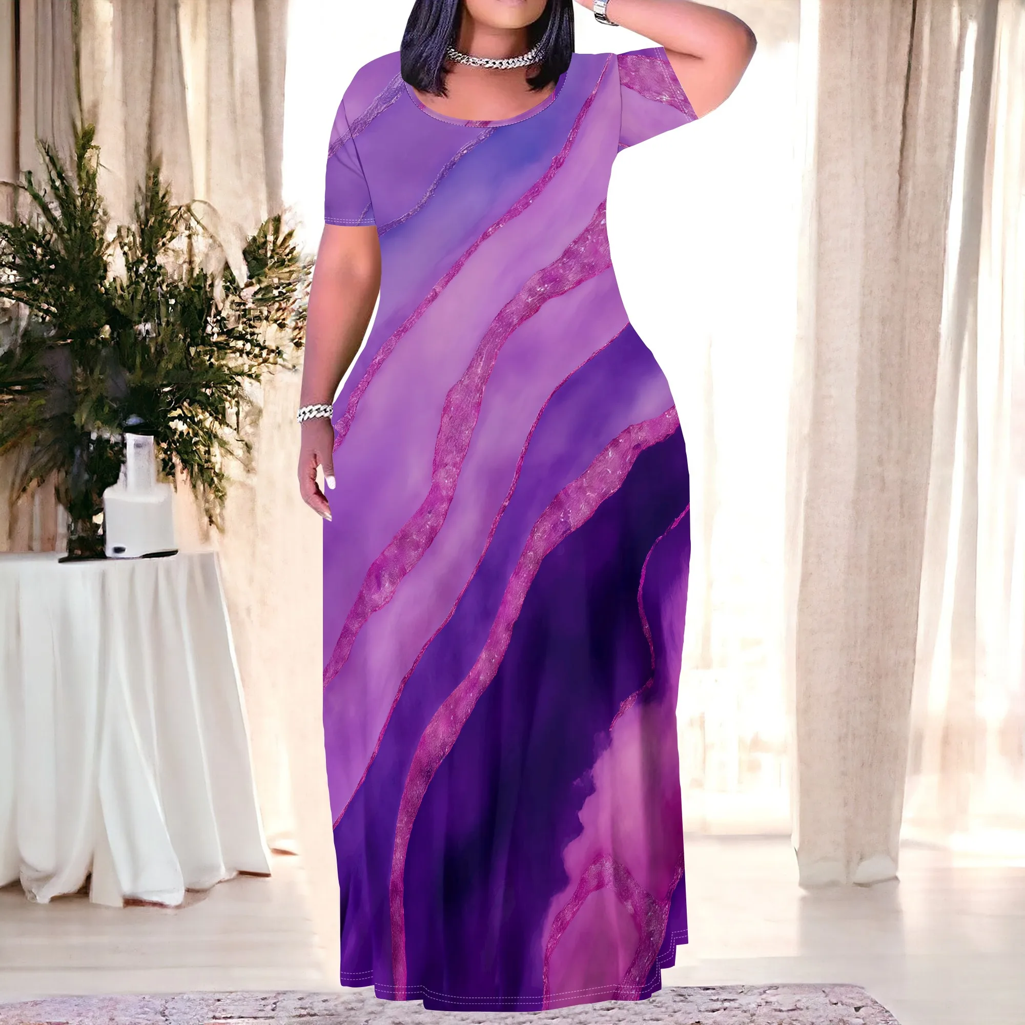

Plus Size Women's Purple Agate Print Maxi Dress XL-6XL, Abstract Watercolor Short Sleeve Pockets Bohemian Casual Summer Dress