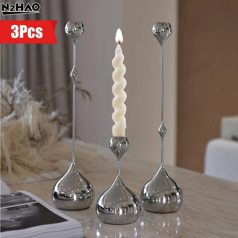 3PC High-Quality Silver Candle Holder, Metal Candlestick Romantic Art Table Decoration For Home Dining Wedding Photography Props