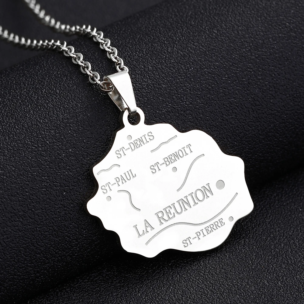 France Reunion Island Map Pendant Necklace Stainless Steel For Women Girls Gold Silver Color Charm Fashion Female Choker Jewelry