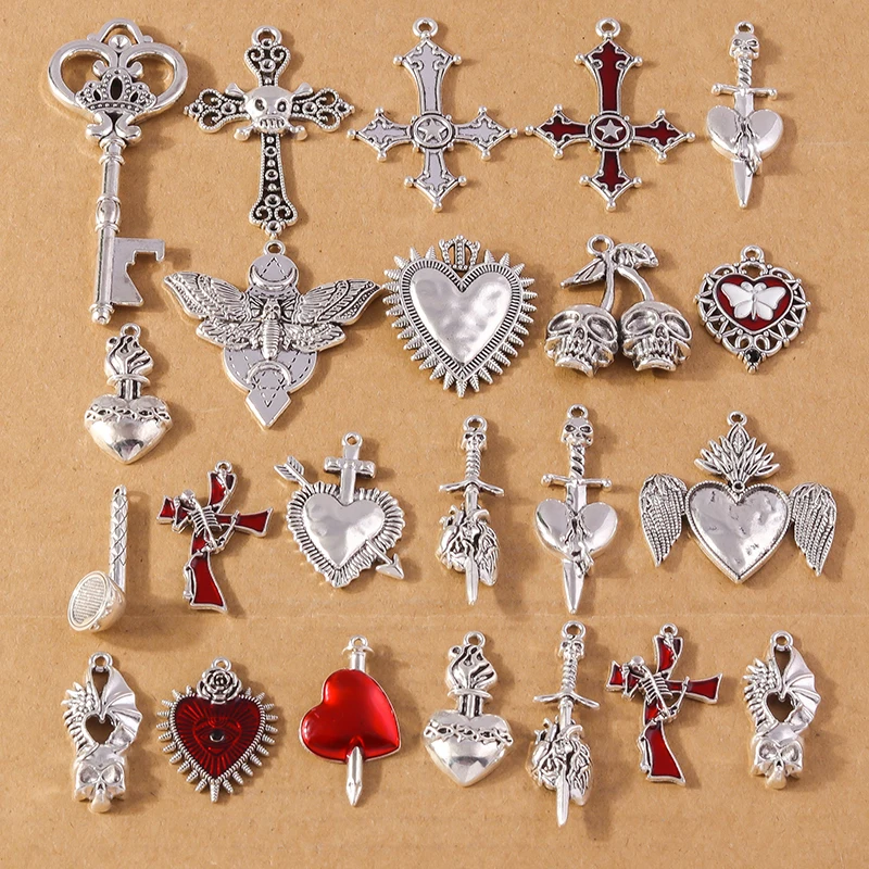 4pcs Retro Gothic Skull Cross Charms for Jewelry Making Metal Heart Pendants DIY Earrings Necklace Accessories Supplies