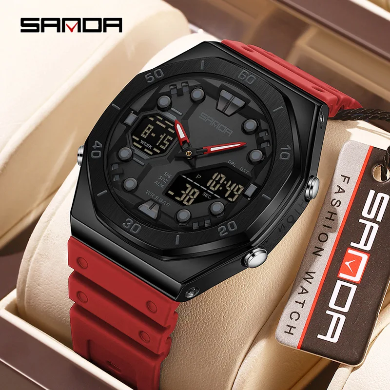 SANDA6306 New Korean Edition Electronic Watch, Men's Double Movement, Night Light Countdown, 28 Time Zones, 4 Alarm Clock Sets