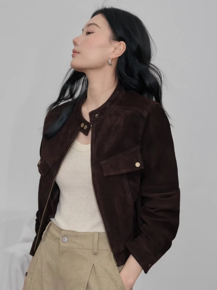 Vintage Short Genuine Leather Jackets for Women Spring Autumn 2025 New High-end Simple Stand Collar Real Sheepskin Suede Coat