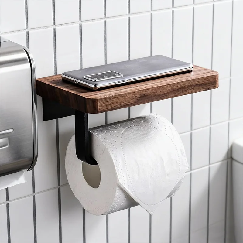 

Wooden Toilet Paper Holder Bathroom Wall Mount WC Paper Phone Holder Shelf Storage Towel Roll Shelf Accessories