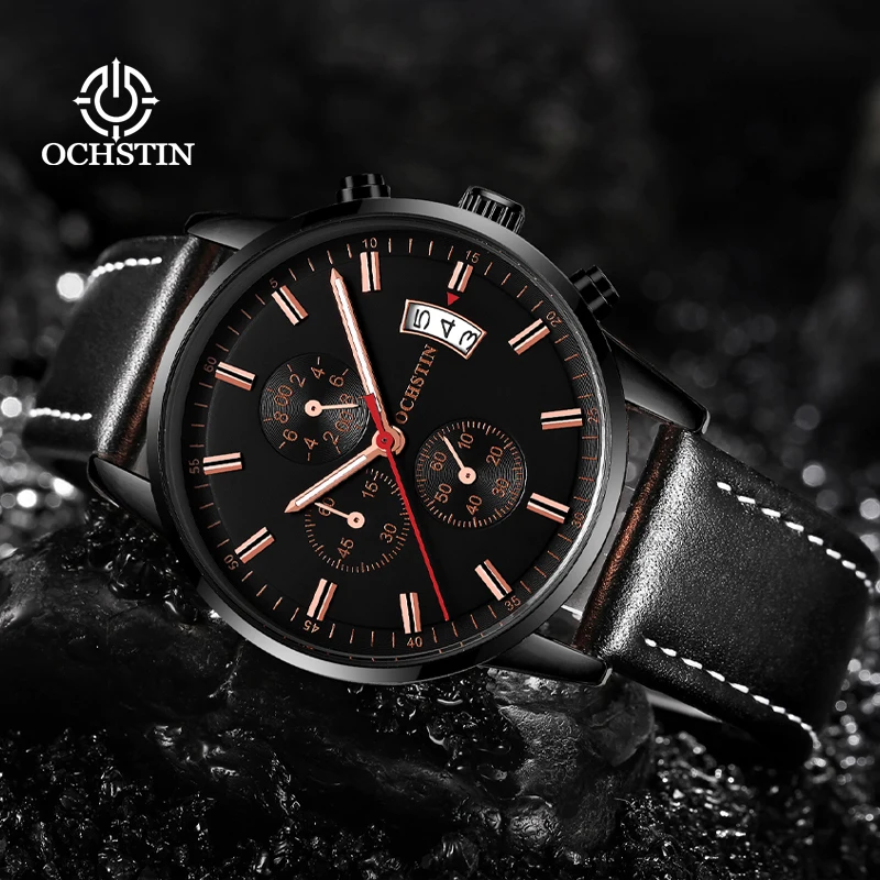 OCHSTIN Leather/Steel Bracelet Multi-function Quartz Movement Mineral Hardened Glass Calendar Classic Business Wristwatch
