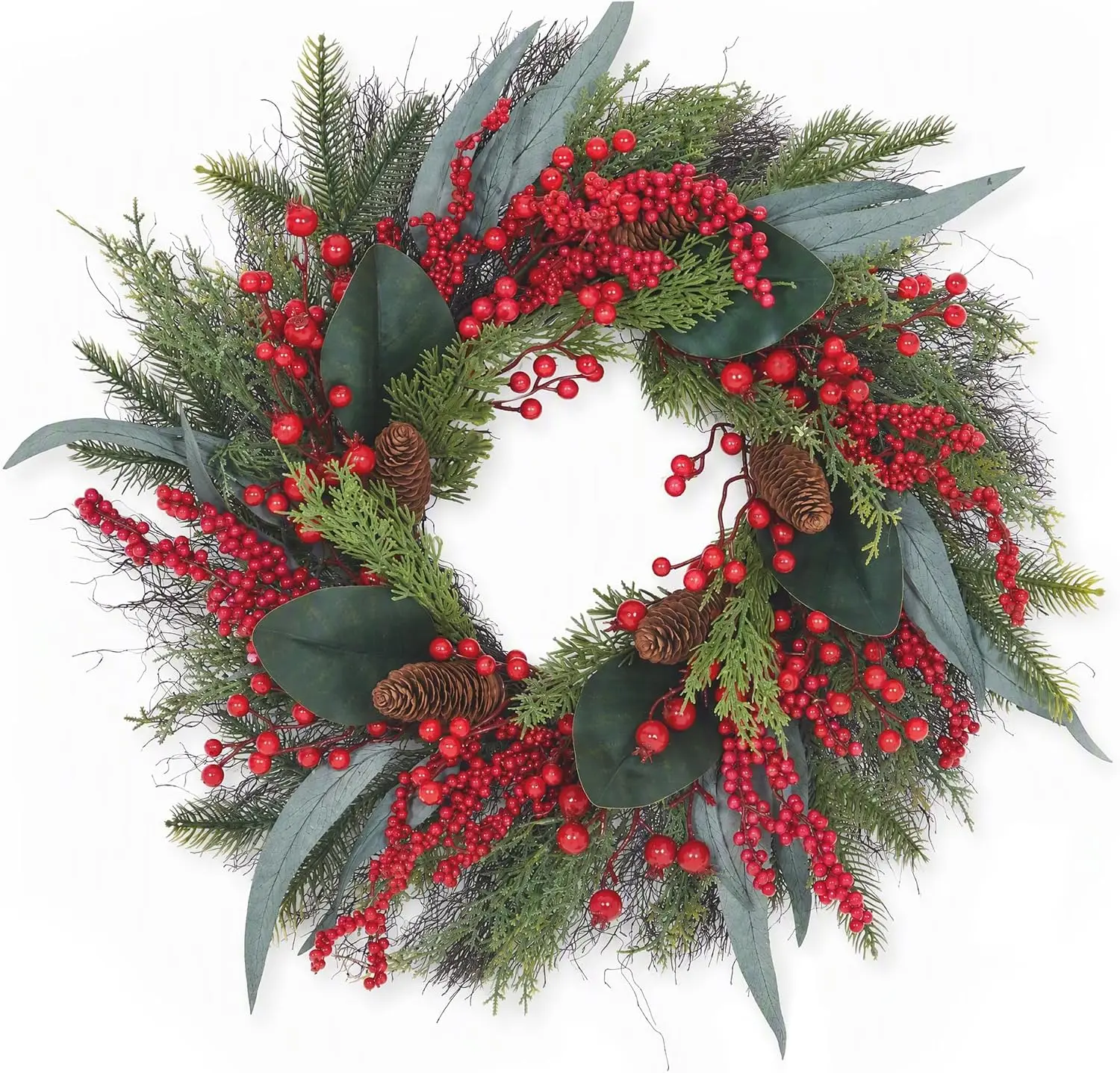 24 Inch Christmas Wreath for Front Door, PE and PVC Greenery Wreath with Large Leaves, Pine Cones and Red Berry Clusters, Holiday Decor for Mantel Wall Window Covered Porch