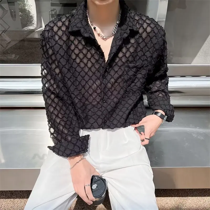 Mature Minimalist Niche Design Hollow Out Spring Summer Long Sleeve For Men Korean Version Cool And Elegant Draped Stylist Shirt