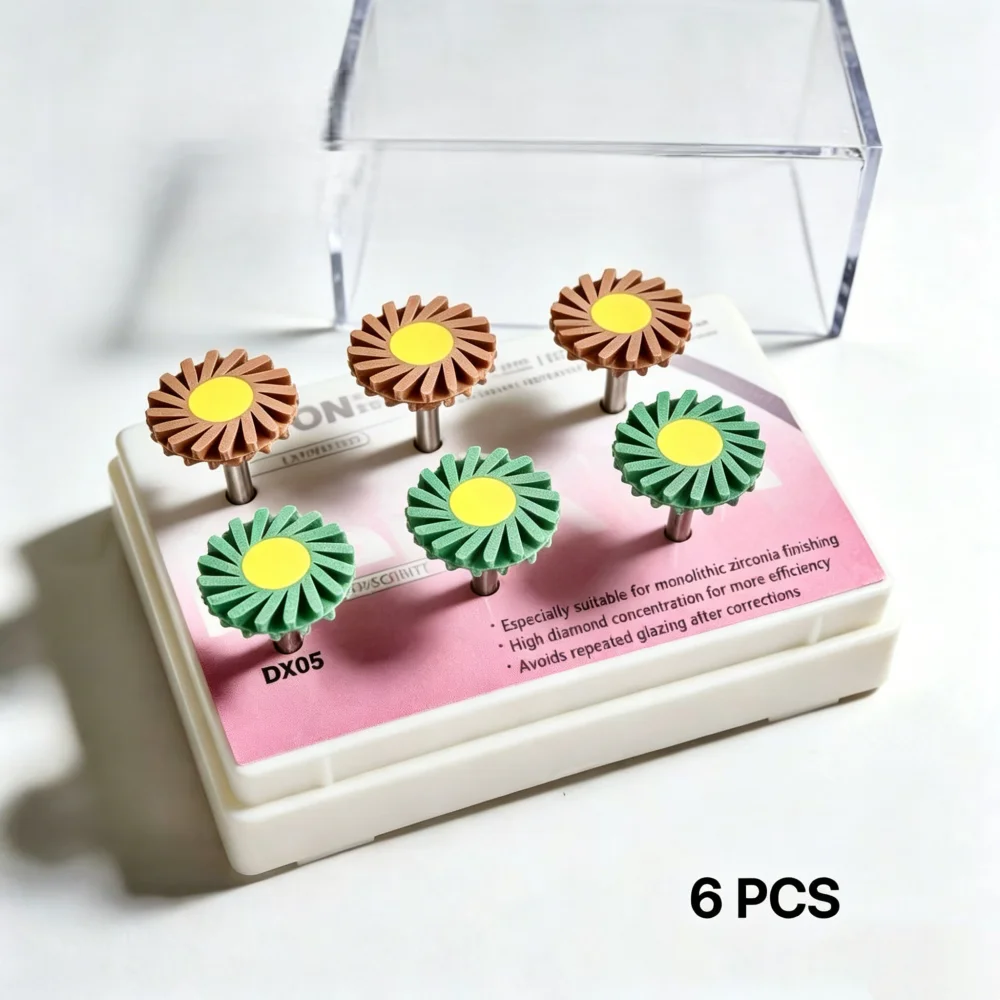 6Pcs/Box Dental Flexible Spiral Diamond Rubber Polishing Wheels Open Structure Large Contact Area Grinding and Polishing Tools