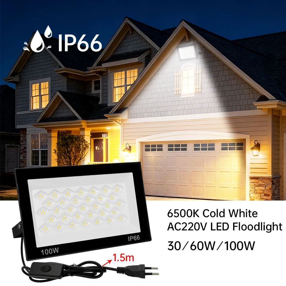 Waterproof IP66 LED Floodlight 30W 60W 100W AC220V Outdoor Spotlight Street Lamp Cold White with ON/OFF Switch EU/AU/UK Plug