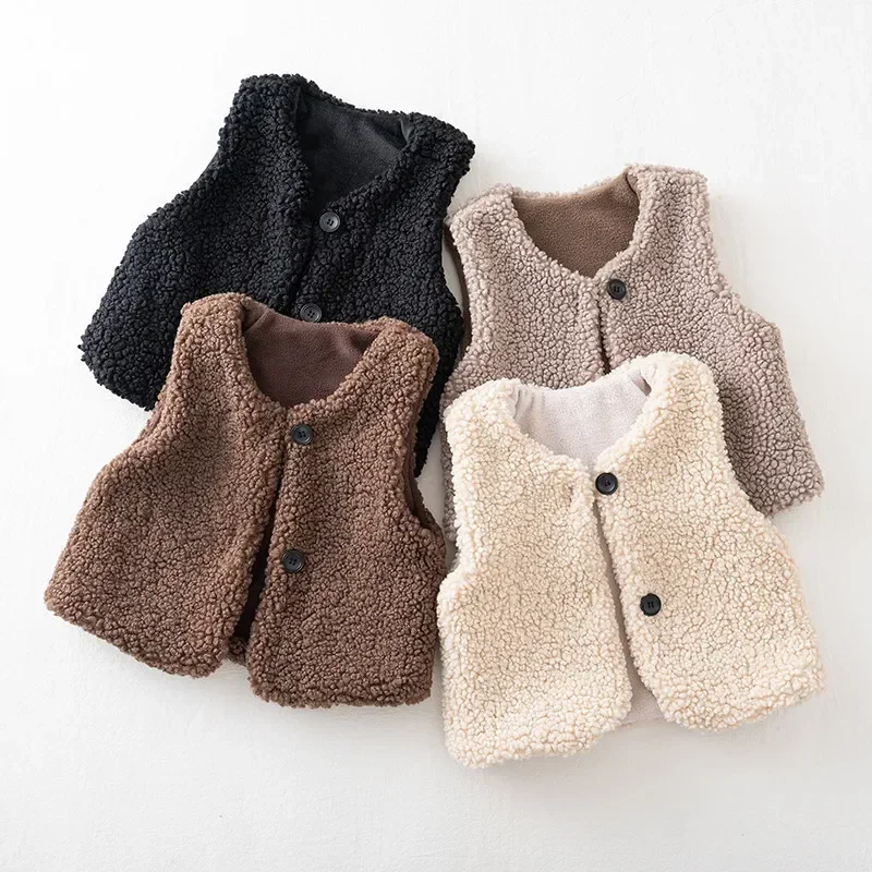 Autumn Winter Baby Lamb Wool Plus Velvet Waistcoat Girls Boys Plush Vest Single Breasted V Neck Child Warm Fashion Warm Coat image 2