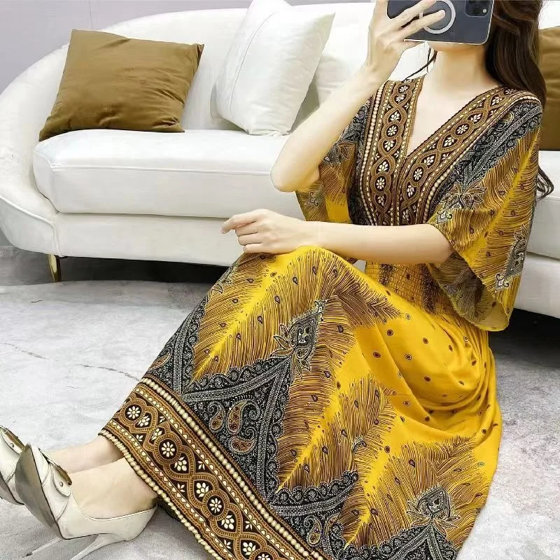 

Women's Ethnic Style V-neck Cotton and Silk Short-sleeved Thai Style Skirt Women's Summer Dress Printed Seaside Vacation