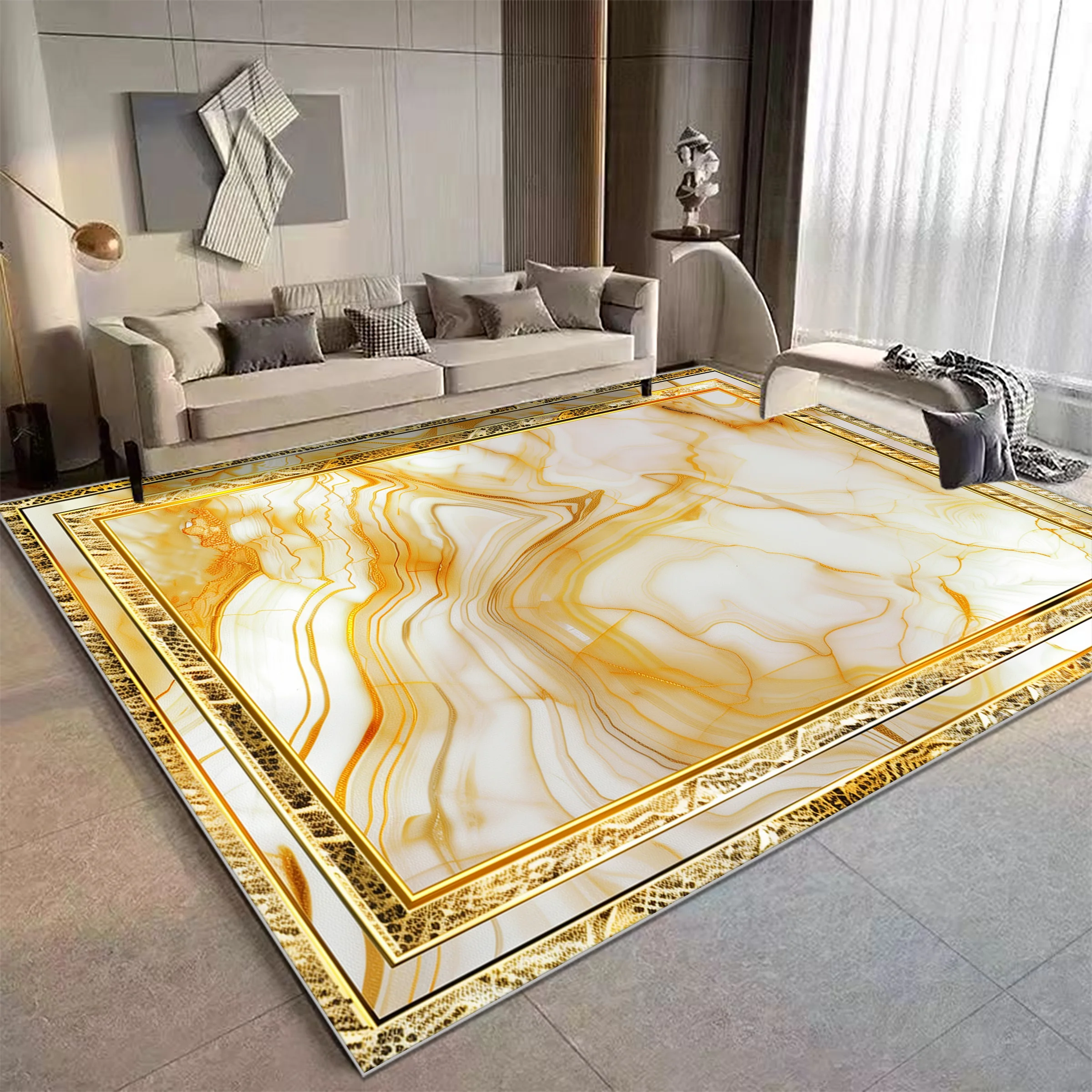 Luxury Golden Abstract Rugs for Living Room Large Size Sofa Area Decoration Carpet Home Bedroom Non-slip Washable Soft Floor Mat