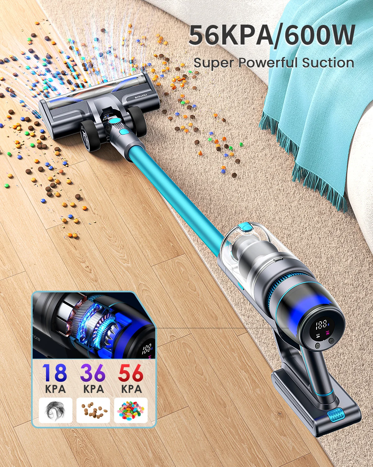 Homore 600W 56000PA Powerful Cordless Vacuum Cleaner with LED Color Screen Automatic Suction Mode Self -Standing Function