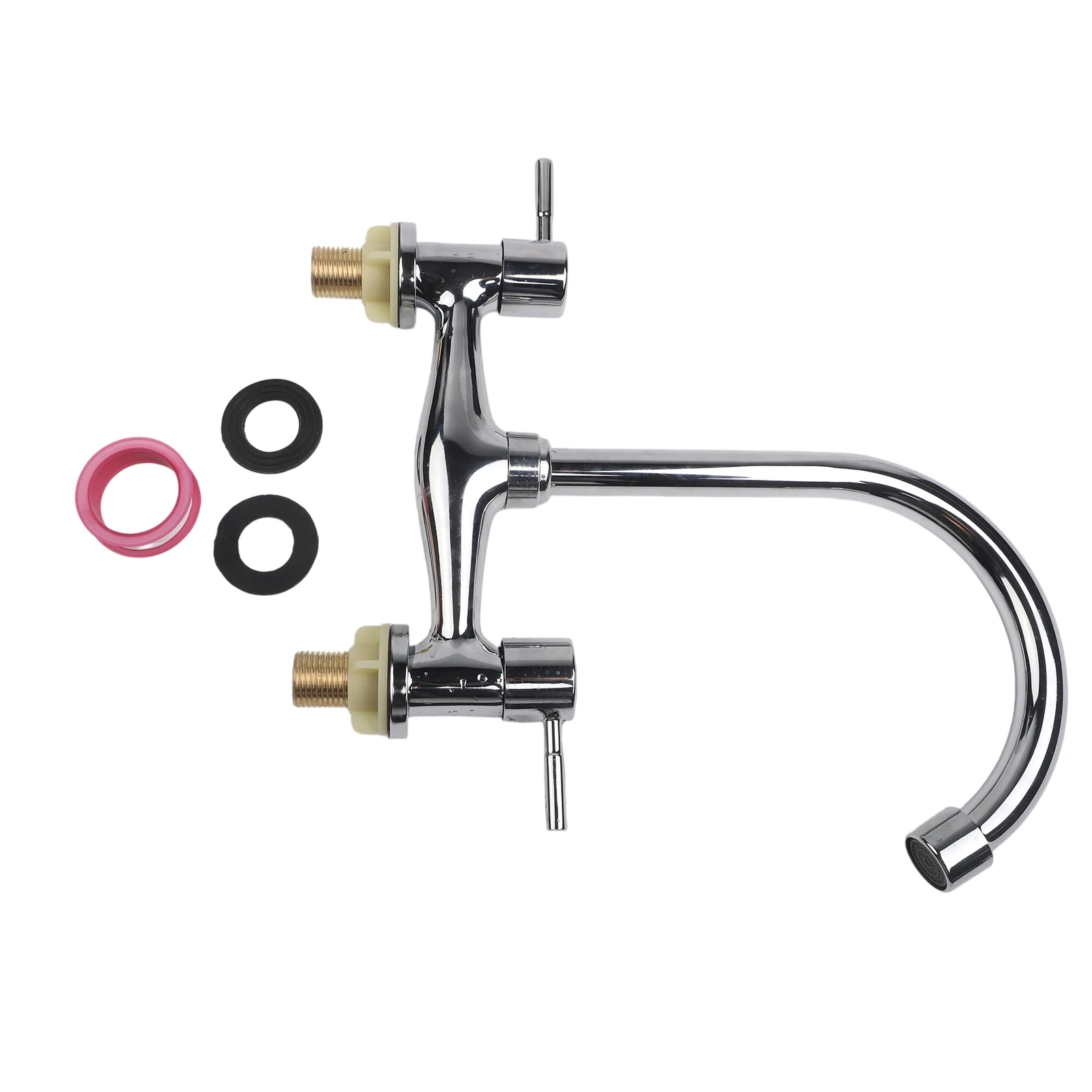 

Хромированный смеситель для горячей и холодной воды с двумя рукоятками. Подходит для использования в различных сценариях.