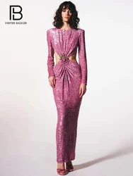 PB Sparkly Dress Fashion Sequins Sexy Backless Women Hollow Out Long Sleeves Bodycon Glitter Celebrity Party Club Vestido New
