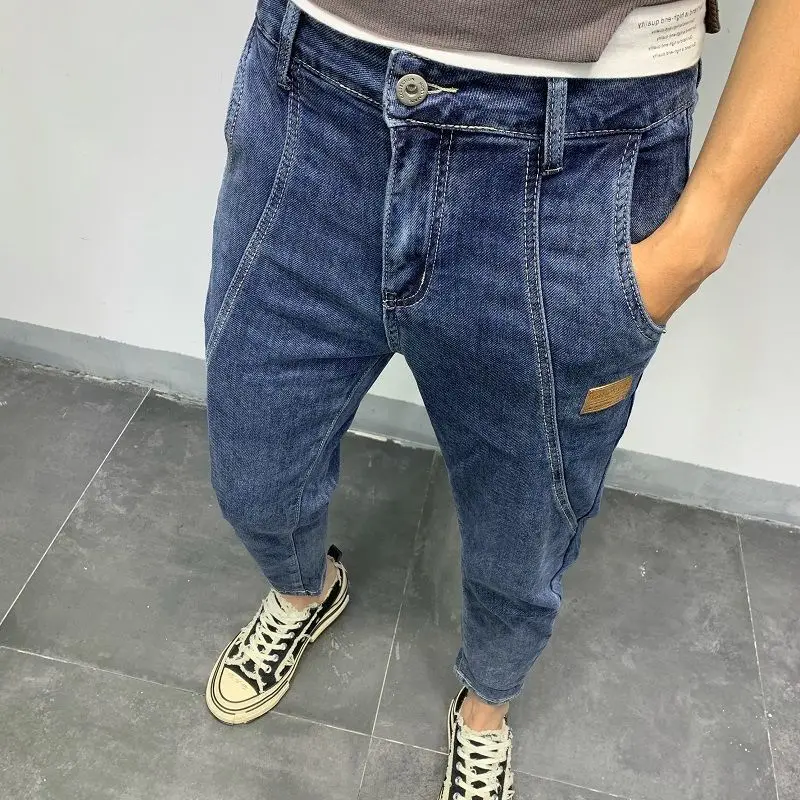 Spring Autumn Casual Loose Denim Jeans for Men Korean Baggy Trendy Patchwork Diagonal Pocket Harem Cargo Streetwear Trousers