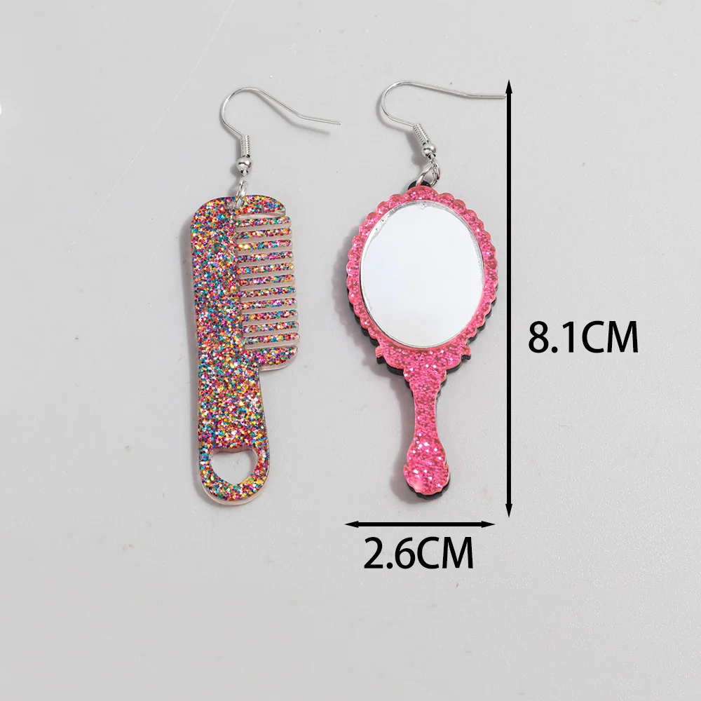 New Glitter Magic Mirror Comb Acrylic Drop Earrings for Women Pink Mini Makeup Mirror Asymmetric Earring Valentine's Day Jewelry