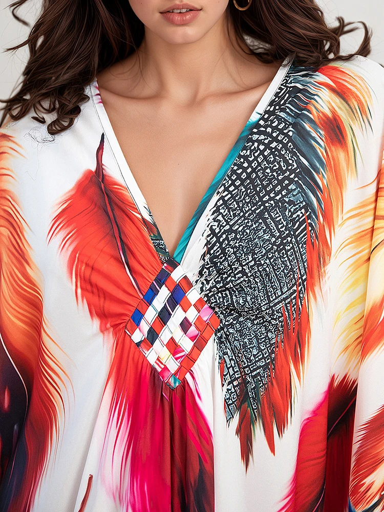 XITAO contraste couleur impression dessin animé femmes robe plage mince confortable manches chauve-souris col en v pull mode tenue décontractée GJ1207