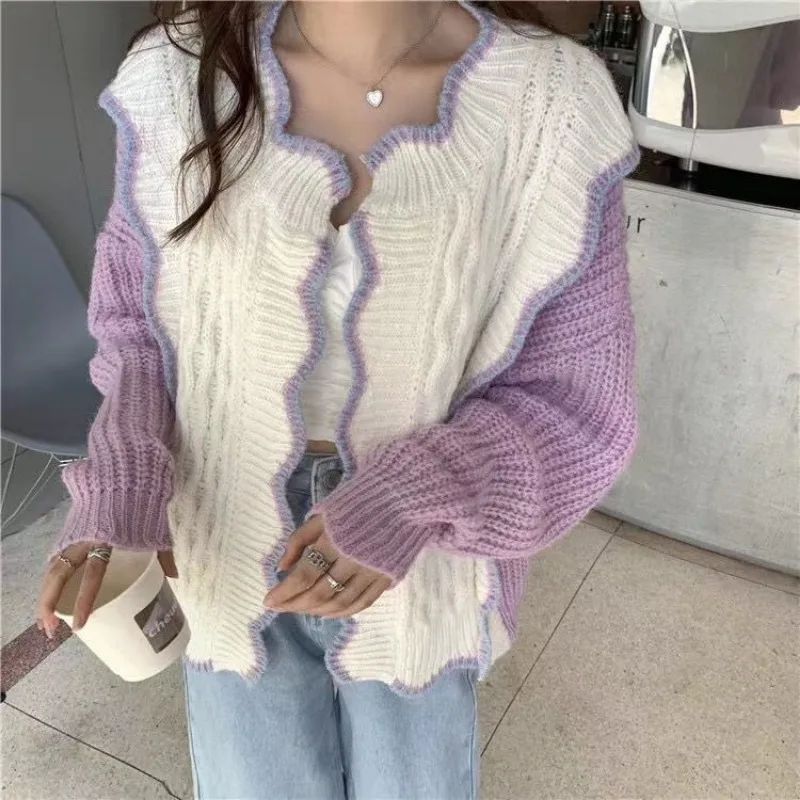 Purple Knitting Cardigan Coat Women Autumn Simplicity V-neck Long Sleeve Sweater Fashion All-match Office Lady Knitwear Tops