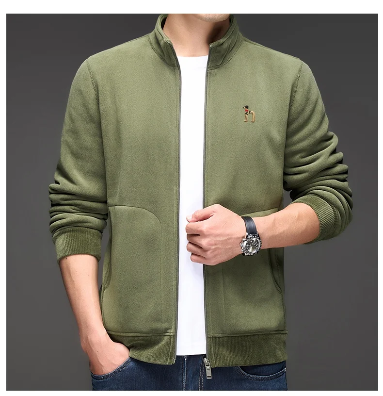 

Fashionable autumn and winter new men's stand up collar jacket velvet warm zipper cardigan top high-end brand embroidered coat