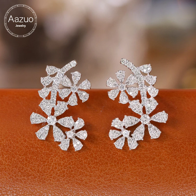 Aazuo 18K Jewelry White Gold Real Diamond 0.6ct Luxury Original Flower Earring Gift For Women Engagement Dinner Party Au750