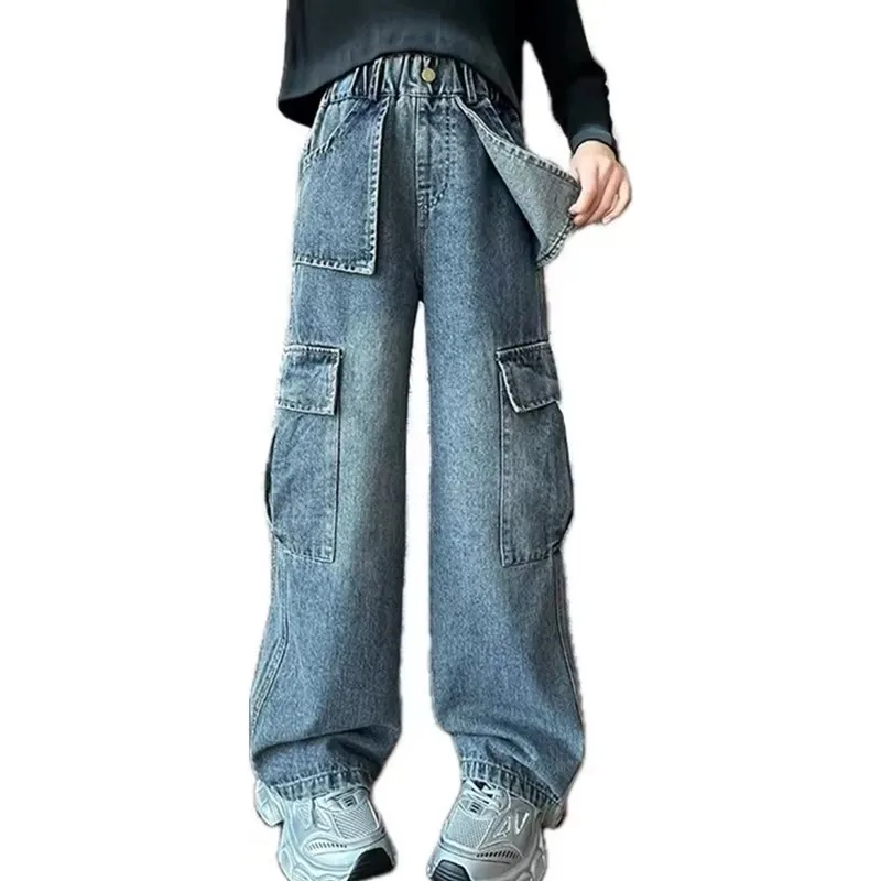 New Stylish Cowgirl Straight Cut Cargo Jeans Pants With Side Pocket For Girls Fashion Regular Fit Kids Cargo Denim Trousers 5-14