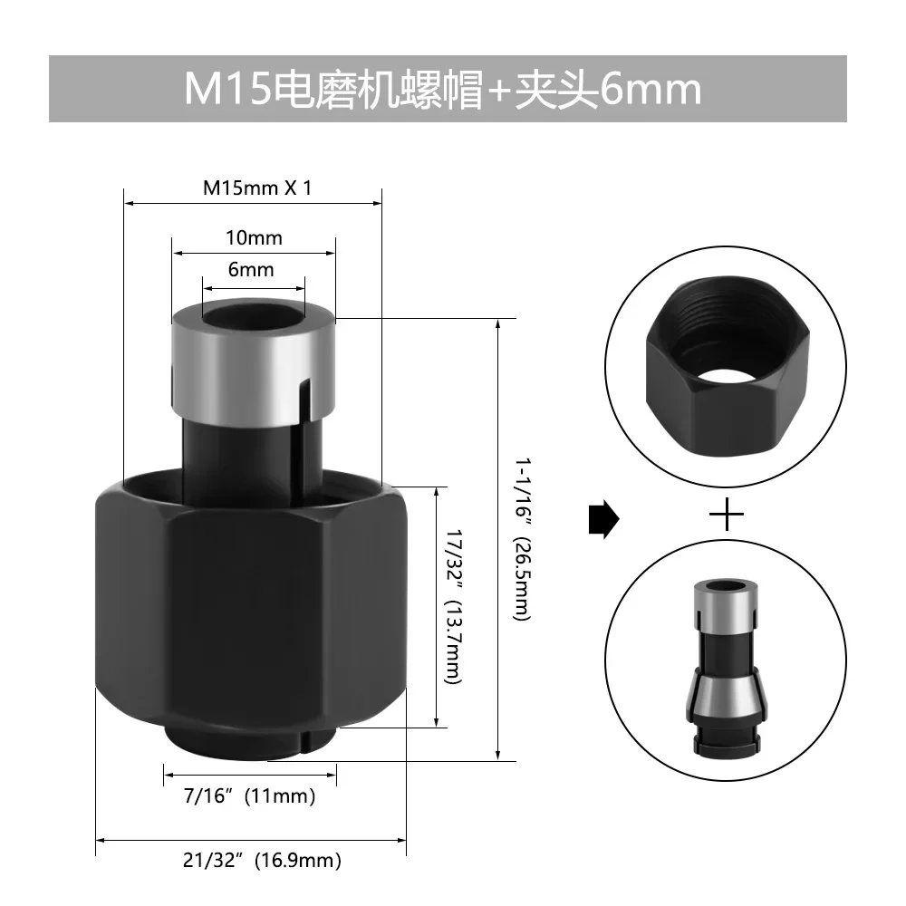 Tuerca de mandril de acero al carbono para máquina de grabado M15, enrutador eléctrico, accesorios de cortador de fresado, pinza de tuerca C para carpintería, 6mm/6,35mm/8mm